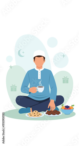 Ramadan Iftar Gathering Peaceful Muslim Man Enjoying Refreshments