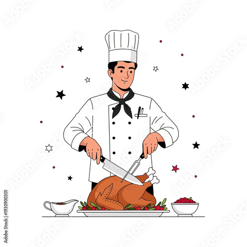 Professional Chef Carving Roasted Poultry Dish, Culinary Expertise Demonstrated on a Serving Platter