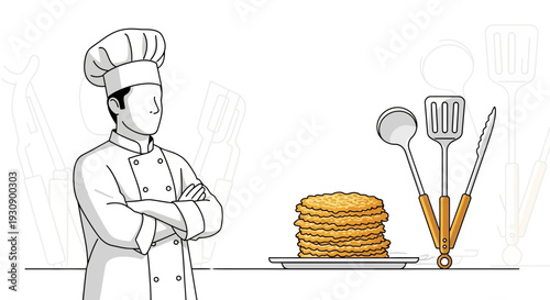 Professional Chef And Culinary Tools Presenting Delicious Stacked Pancakes Ready For Serving