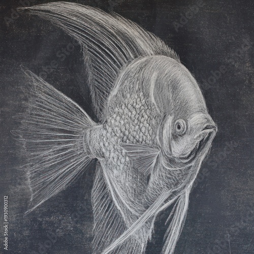 Monochrome artwork featuring a detailed pencil drawing of a majestic angelfish against a dark backdrop