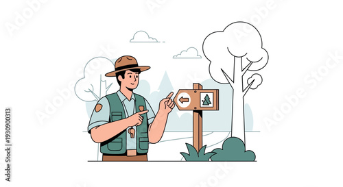 Ranger Guiding Through Forest Paths With Directional Signpost