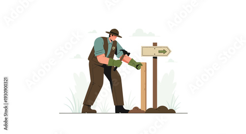 Ranger Installing A New Trail Marker And Directional Sign