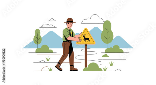 Ranger Places Deer Warning Sign In Natural Wildlife Preserve