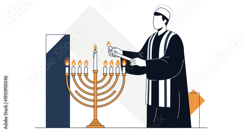 Religious Ceremony Lighting Hanukkah Menorah A Man In Traditional Jewish Attire Celebrates