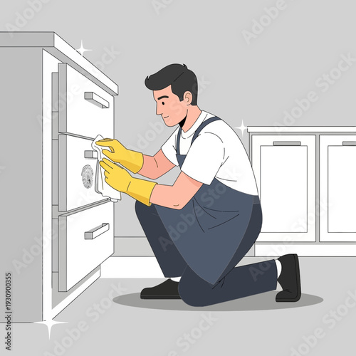 Professional Cleaning Person Cleaning Kitchen Cabinet Door, Hygiene, Sanitizing, And Disinfection