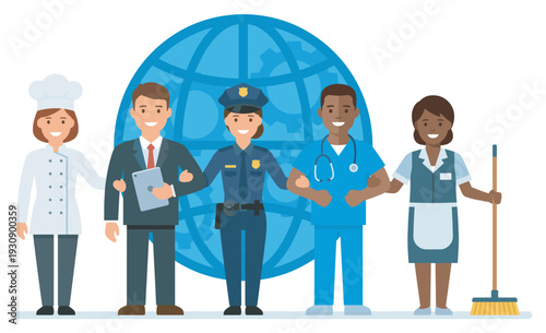 Diverse professionals from various occupations stand united globally, representing essential services and global workforce collaboration.