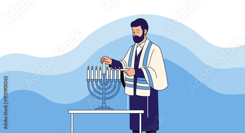 Religious Man Lighting Hanukkah Menorah Candles With Joyful Reverence For Festival