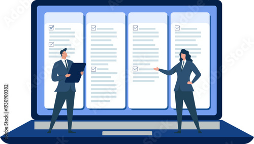 Business Team Managing Digital Project Tasks on Giant Laptop Screen, Collaborative digital project management, efficient workflow and task tracking, modern corporate team coordination