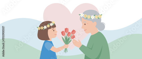 Little girl gives beautiful red tulips to her happy grandmother, both wearing lovely flower crowns, celebrating a special bond.