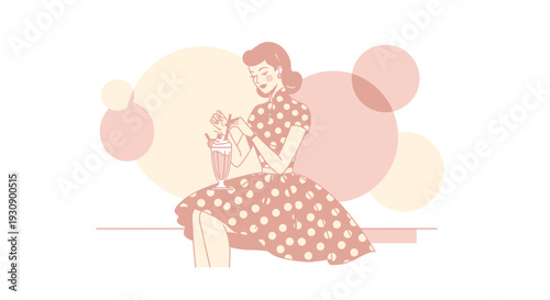 Retro Woman Enjoying A Delicious Milkshake With A Vintage Vibe