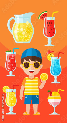 Refreshing Summer Beverages And A Joyful Child Enjoying The Warmth Of The Season