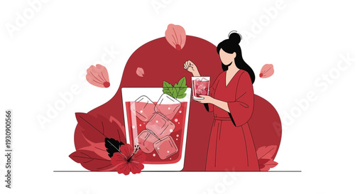 Refreshing Red Cocktail Experience With Elegant Woman And Tropical Flora