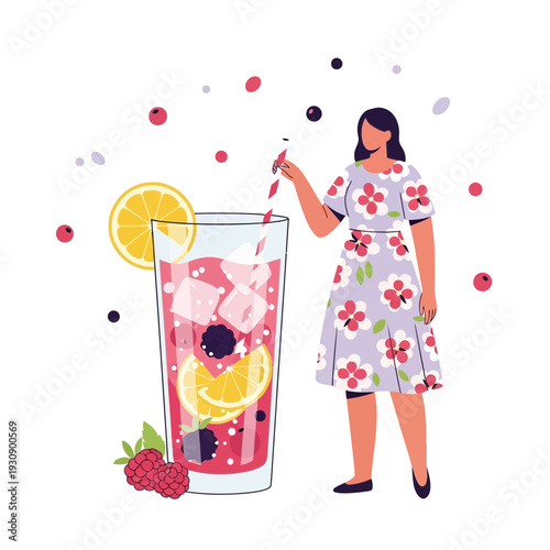 Refreshing Summer Berry Cocktail With Lemon And Mint Enjoyed By Woman