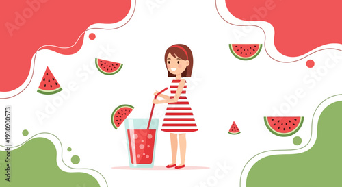 Refreshing Summer Drink Enjoyed By A Young Girl With Watermelon Slices Scattered Around