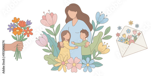 Mother children and flowers illustration set depicting love, care, and appreciation for family relationships and joyful celebrations.