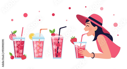 Refreshing Summer Drinks And Joyful Woman Enjoying A Beverage Outdoors
