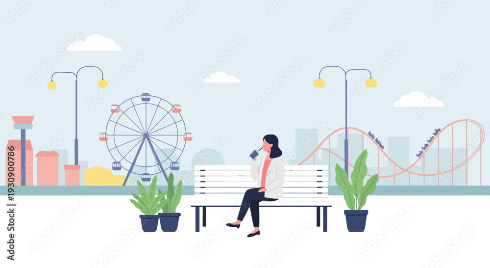 Fototapeta premium Relaxing Amusement Park Scene With Ferris Wheel And Roller Coaster