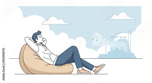 Relaxed Person Enjoying Music With Cityscape Background