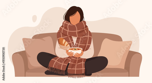 Relaxed Person on Couch Enjoying Warm Soup and Cozy Blanket at Home During Chill Winter