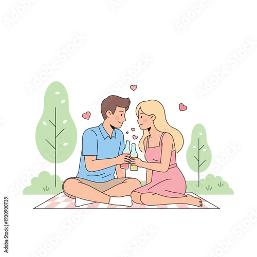 Romantic Couple Enjoying Outdoor Picnic Adventure and Refreshing Drinks Together