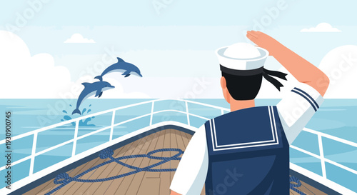 Sailor Watches Dolphins Jump From Ship Deck Ocean View