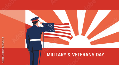 Saluting Soldier Honoring American Flag And Veterans Day Sunrise
