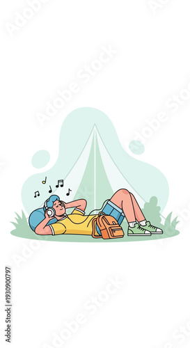 Relaxing Camper Enjoys Music While Camping Outdoors