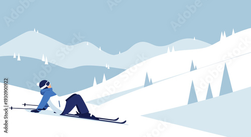 Relaxing Skier Resting on Snowy Mountain Slope During Winter Vacation