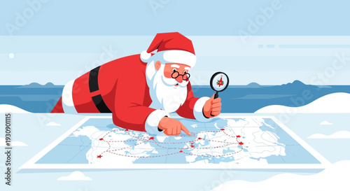 Santa Claus Planning His Worldwide Christmas Eve Delivery Route With Magnifying Glass