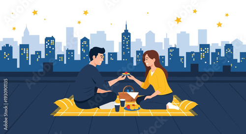 Romantic Rooftop Picnic: A Delightful Evening Meal for Two Under City Lights
