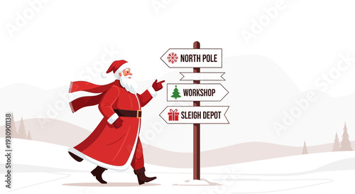 Santa Claus Points Towards Directional Sign at Christmas, Guiding to Various Locations