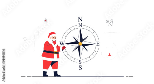 Santa Claus Pondering Direction With A Compass For Christmas Deliveries