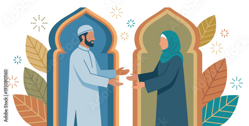 Muslim man and woman extending hands to connect within decorative Islamic archways, symbolizing unity and celebration.