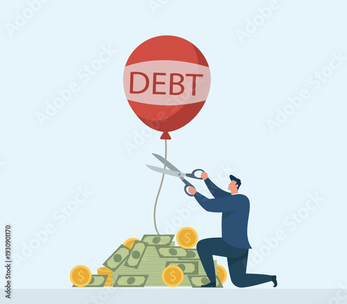 Man Cutting Debt Balloon String to Release Financial Burden, Financial freedom achievement, debt elimination strategy, breaking free from liabilities, cutting costs to save money