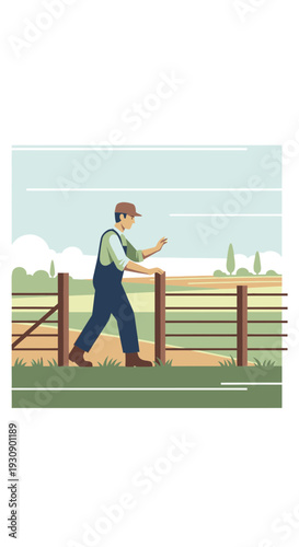 Rural Farmer Inspecting Fence Line On Sunny Agricultural Field Estate