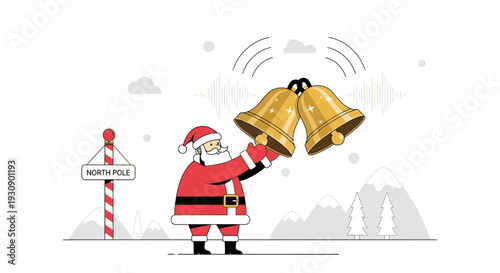 Santa Claus Rings Festive Bells At North Pole Landscape