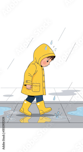 Sad Child In Yellow Raincoat Walking Through Puddles On A Rainy Day