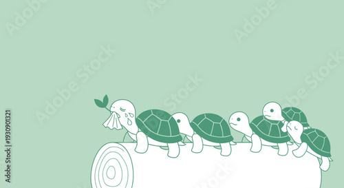 Sadness And Empathy Expressed Through A Line Of Adorable Tortoises, Illustration