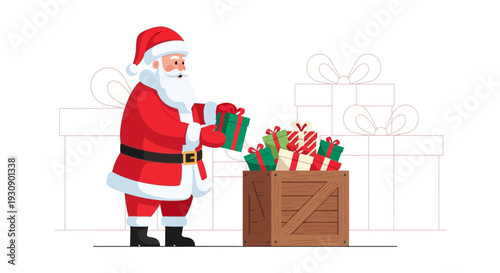 Santa Claus With Gifts In Wooden Crate Delivering Christmas Presents