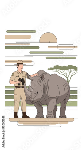 Safari Guide With Majestic Rhinoceros In African Savanna Landscape