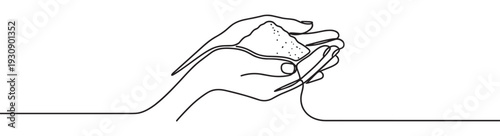 Human hands holding granular material in a minimalist continuous line art drawing style, representing concepts of care, sharing, and giving.