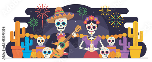 Festive sugar skulls celebrating Day of the Dead with music, light, and colorful fireworks under a starry night.