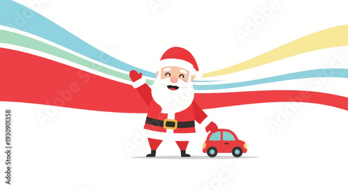 Santa Claus With His Car Waves Hello In A Cheerful Holiday Illustration