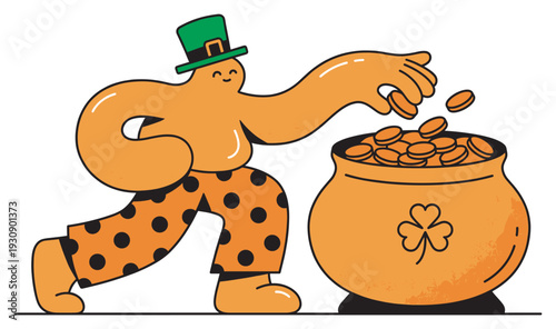 Cheerful cartoon character wearing a green hat puts shiny gold coins into a pot of gold with a lucky shamrock symbol.