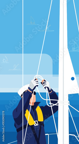 Sailor Adjusting Rigging on Yacht Mast Under Clear Sky