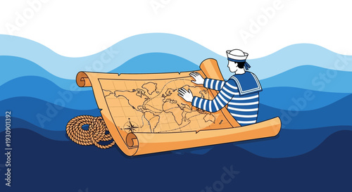 Sailor Navigating Waves With A Nautical Map Depicting World Travel Exploration Voyage