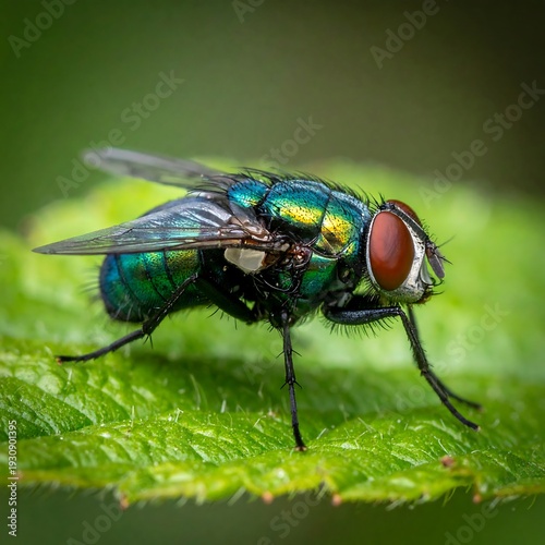 Green bottle fly resting on a textured green leaf, close up, sharp focus