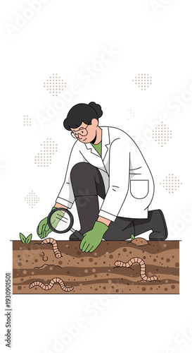 Scientist Studying Soil Ecosystem With Earthworms Magnifying Life Below Surface
