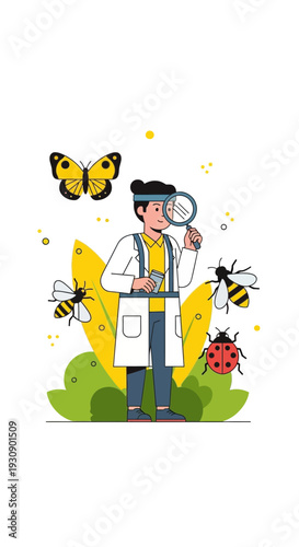 Scientist Studying Insects With Magnifying Glass And Surrounded By Bugs