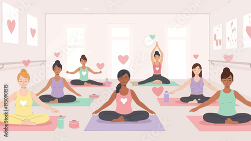 Women practice yoga and meditation in a peaceful studio for wellness and mindful living.